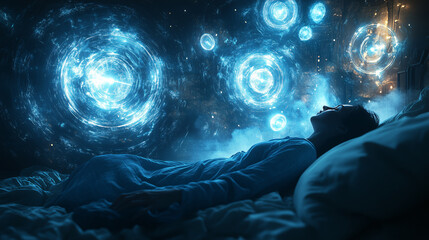 Woman having trouble sleeping with glowing lights swirling above her head