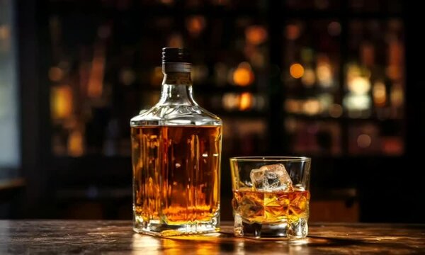 bottles of liqueur on bar on blur background	
