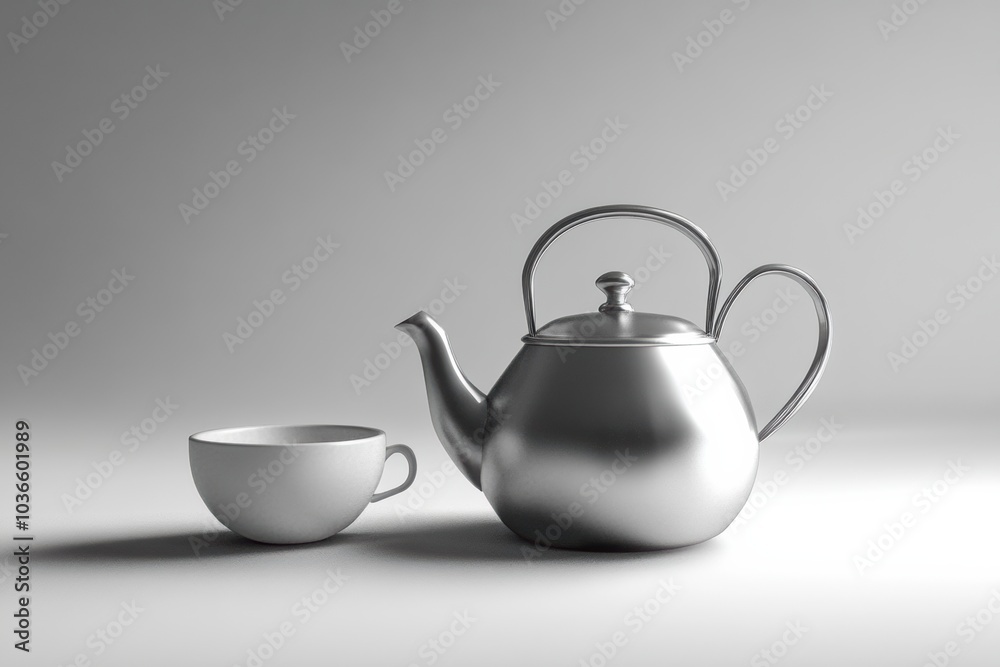 Aufkleber a polished tea kettle rests gracefully next to a simple white cup, illuminated by gentle natural lig