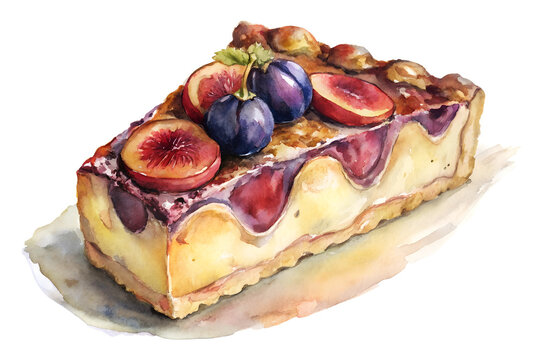 Watercolor hand drawn Slice of plum cake with fruits