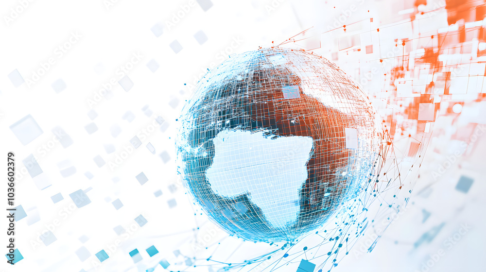 Poster a stylized digital globe with network lines on a white background with abstract square patterns, rep