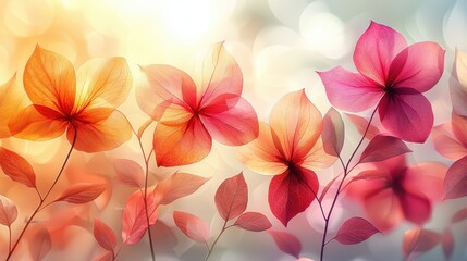 Colorful flowers in soft focus with warm sunlight illuminating petals during a serene afternoon