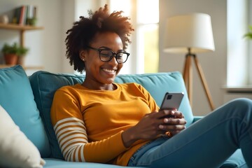 Obraz premium Smiling young woman wearing glasses looking at cell phone doing ecommerce mobile shopping relaxing on sofa in living room. Happy mature young woman using smartphone sitting on couch at home