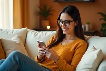 Smiling young woman wearing glasses looking at cell phone doing ecommerce mobile shopping relaxing on sofa in living room. Happy mature young woman using smartphone sitting on couch at home