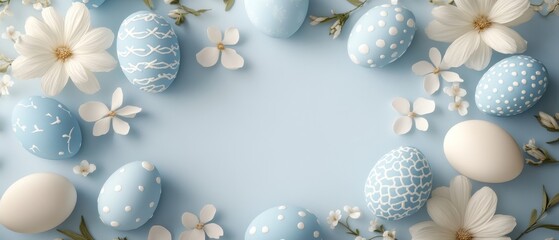 Fototapeta premium Vibrant 3D Easter Banner with Intricate Egg Borders on White Background for Text Overlay