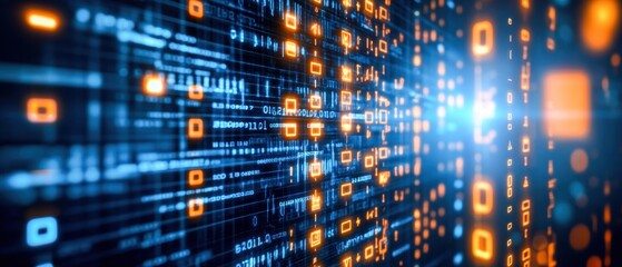 Digital data stream with glowing squares and lines on a blue background, representing modern technology and data processing.