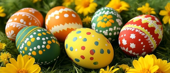 Fototapeta premium Beautifully Decorated Easter Celebration Setup with Eggs and Spring Flowers