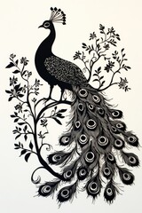 Fototapeta premium Elegant peacock posing on floral ornament black and white illustration