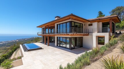 Fototapeta premium Coastal Villa Dream Home: Luxurious oceanfront property with infinity pool and stunning panoramic views. Modern architecture blends seamlessly with the natural landscape. 