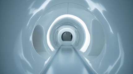 A futuristic white tunnel with a glowing ring of light at the end.