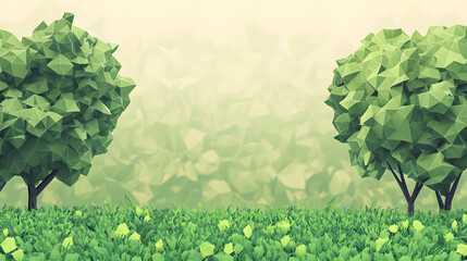Obraz premium Low Poly Green Landscape with Stylized Trees and Grass, Geometric Nature Background in Pastel Tones