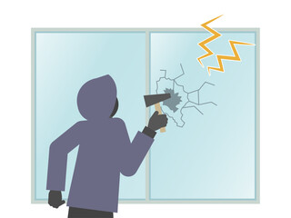 ハンマーで窓を割る泥棒のイラスト