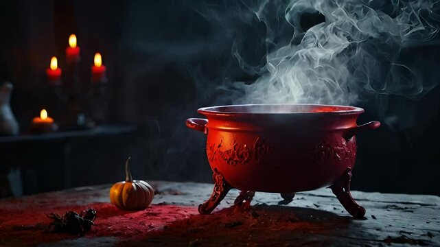 A red cauldron with smoke and glowing liquid inside, on a halloween background