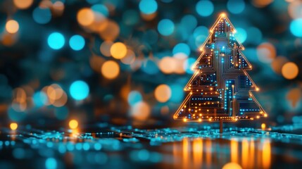 Futuristic tree with circuit pattern and vibrant bokeh