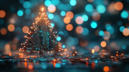 Illuminated circuit tree shining in multicolored bokeh