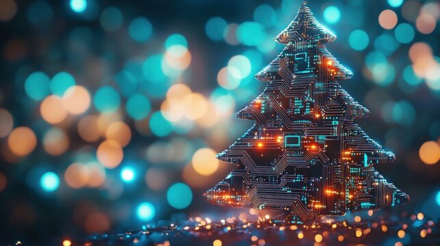 Digital-themed Christmas tree with glowing circuits