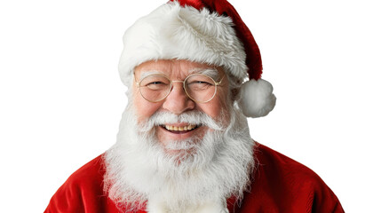 Naklejka premium Santa Claus in a bright red suit and fluffy beard joyfully celebrates Christmas with a cheerful smile against a white background