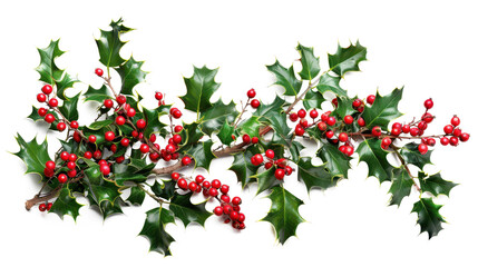 Fototapeta premium Holly branches adorned with vibrant red berries resting on a clean white background for a festive New Year and Christmas ambiance