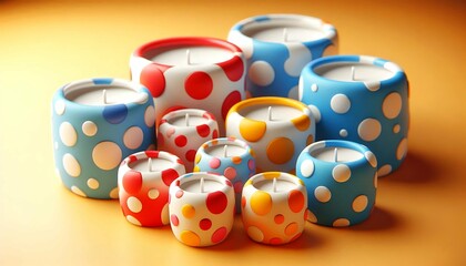 Colorful polka dot ceramic candles in various sizes, playful decorative candles for home decor
