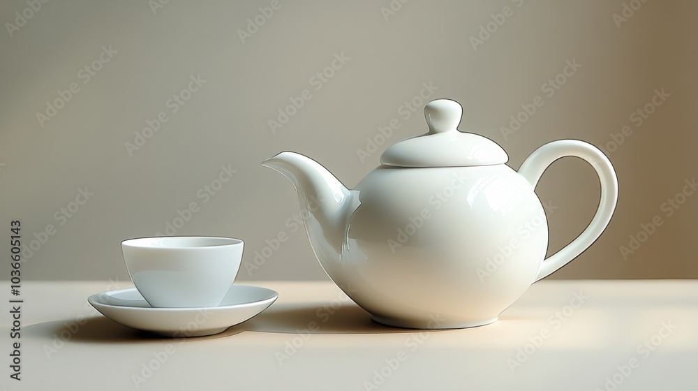 Aufkleber a white tea kettle sits beside a matching cup and saucer on a light wooden surface, capturing a mome