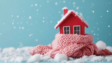 Naklejka premium Red house wrapped in scarf amidst light snowfall.