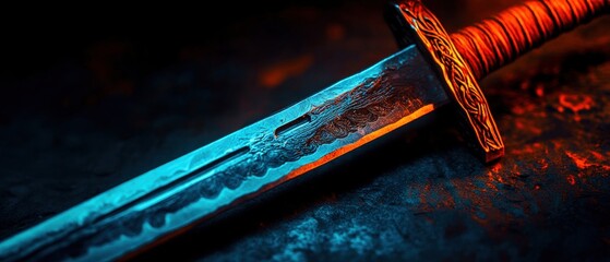 A beautifully crafted sword, showcasing intricate details and vibrant colors against a dark background.