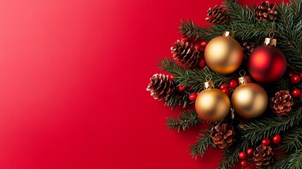 A red background with a Christmas tree decoration