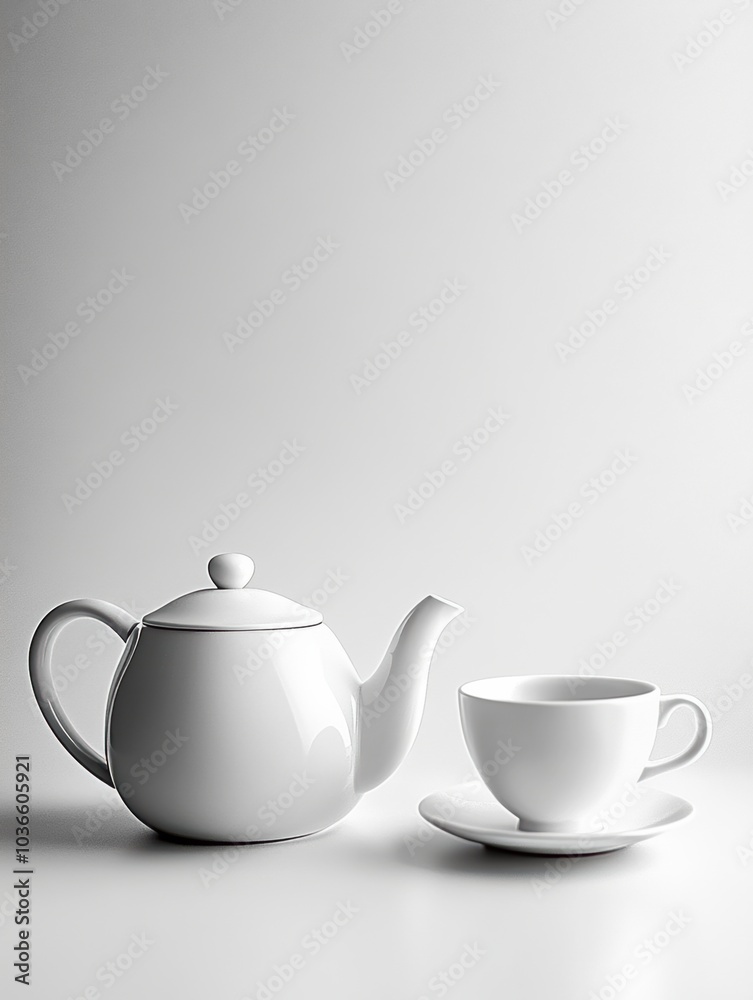 Poster A white tea kettle and matching cup are positioned on a smooth surface, creating a calm atmosphere ideal for enjoying tea. Generative AI