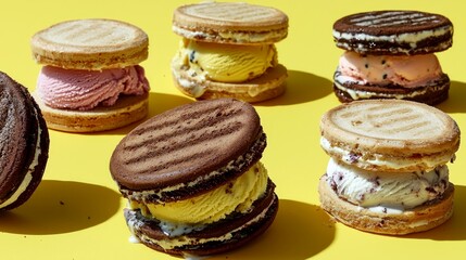 Six ice cream sandwiches with different flavors and cookies on a yellow background.