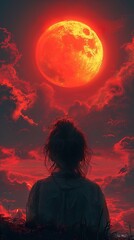 Naklejka premium Silhouette of a Woman Gazing at the Red Moon