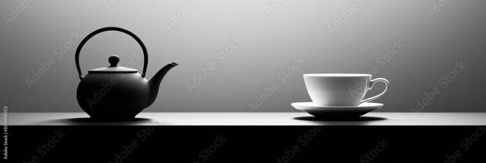 Aufkleber a tea kettle stands next to a delicate cup on a sleek tabletop, creating a tranquil atmosphere perfe