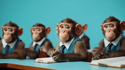 Monkeys in uniforms attentively listening in class
