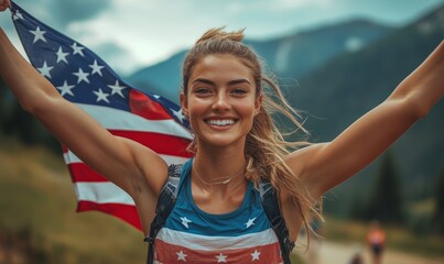 Runner celebrating victory outdoors holding the US flag, Generative AI