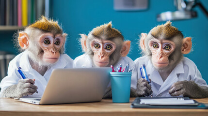 Monkeys using laptop for research in a lab