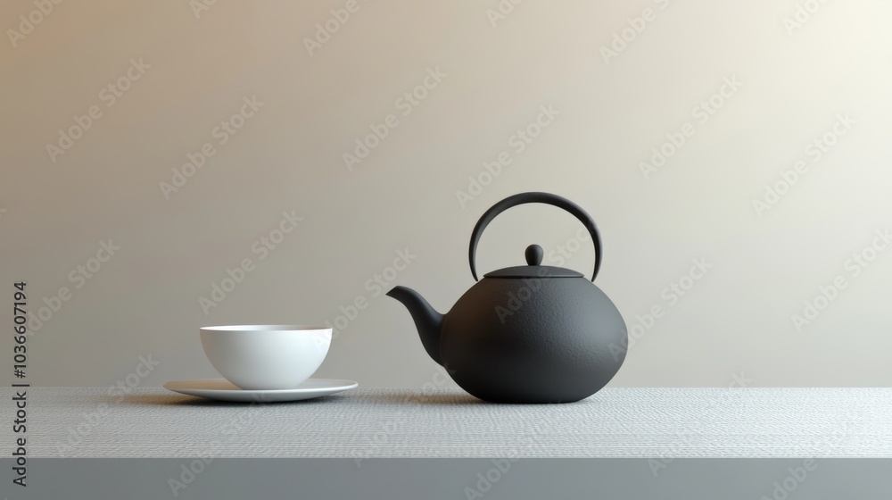 Poster a sleek kettle sits beside a white cup on a table, creating a tranquil atmosphere perfect for enjoyi