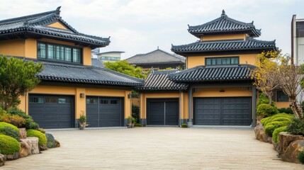 Obraz premium Traditional Chinese-style house with a paved driveway and a beautiful garden.