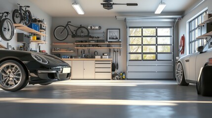 A modern garage interior with two cars, one a black sports car and the other a white car, with a window looking out to a tree line. 