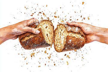 Two hands breaking a fresh loaf of bread, scattering crumbs, symbolizing sharing and the joy of homemade baking.