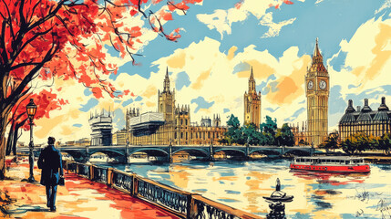 Vibrant illustration of London with Big Ben and Westminster