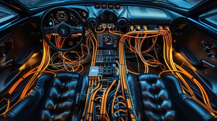 Intriguing car interior photograph featuring organized wiring harness in modern automotive design