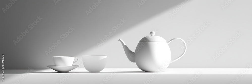 Poster a white tea kettle stands next to a cup and saucer on a simple table, illuminated gently by soft, na