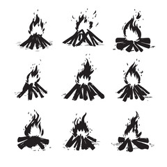 Camping Icons Set Black Silhouettes Mountains Tent Fire