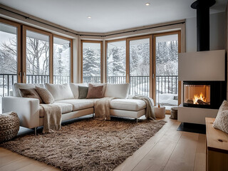 3D rendering of large living room with study on loft