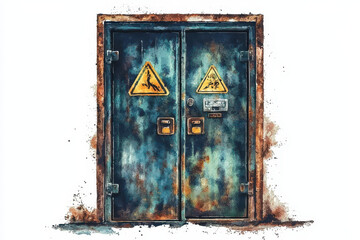 A rusty double door marked with warning signs, indicating potential hazards, set against a white background.