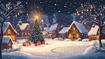 Naklejka premium Festive Winter Holiday Scene with Cozy Homes and Christmas Tree Surrounded by Snow - 2D Flat Illustration