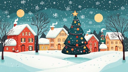 Fototapeta premium Winter Festival Wonderland - Cozy Holiday Scene with Snowy Houses, Merry Lights, and Sparkling Christmas Tree. Copy Space Background.