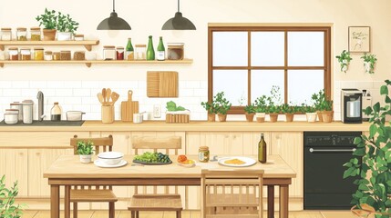 Fototapeta premium A kitchen with a wooden table and chairs, a window with potted plants