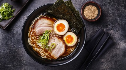 A hearty bowl of steaming ramen noodles in savory broth, topped with slices of tender pork belly, soft-boiled egg