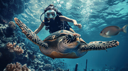 Fototapeta premium Underwater diver with turtle among vivid coral reefs