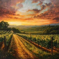Fototapeta premium Landscape with vineyard at sunset